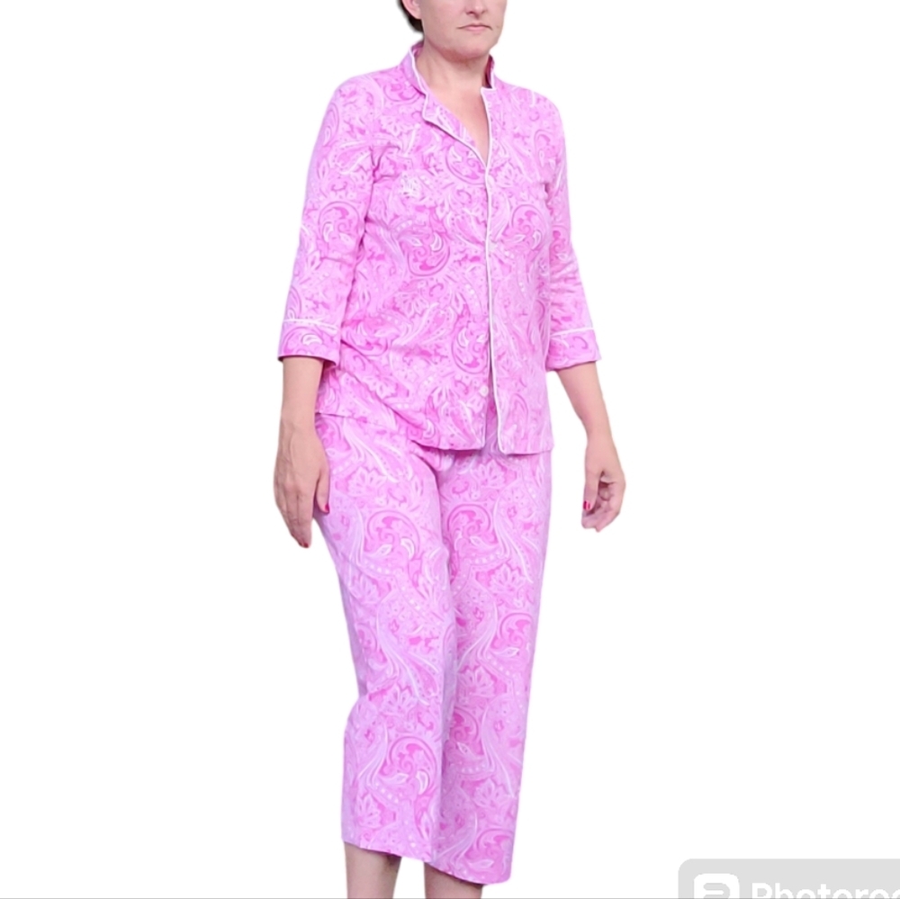 LAUREN RALPH LAUREN 3/4‎ Sleeve Cotton Notch Collar Capri Pant Pajama Set